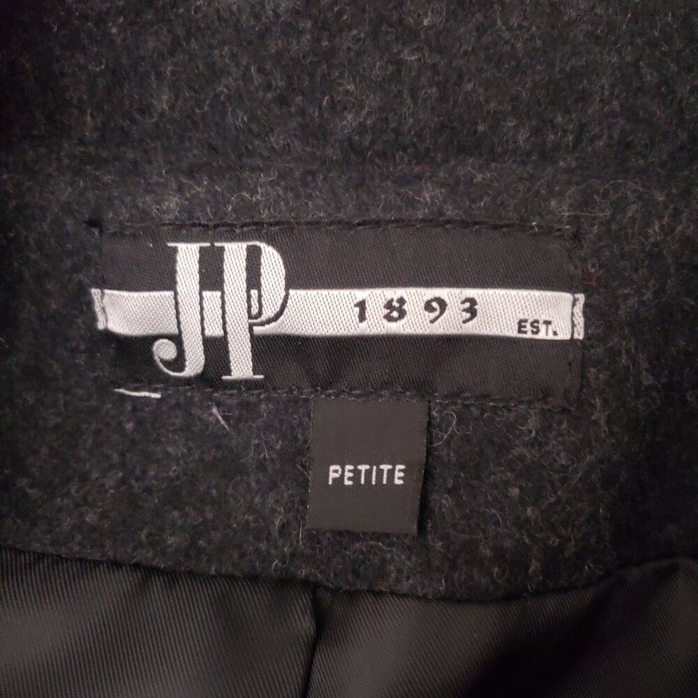 JP 1893 Vintage Large Petite Wool Overcoat Jacket Lined Charcoal Velvet Trim - Picture 9 of 9